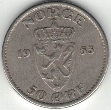 Norwegia 50 ore 1953 22 mm nr 1