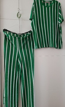 By Malene Birger komplet spodnie palazzo + bluzka paski mieniąca nitka XL