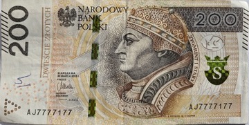 Banknot 200 zł z numerem AJ 7777177 