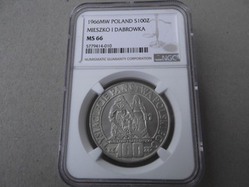 100 zł. 1966 Mieszko i Dąbrówka  NGC  MS66