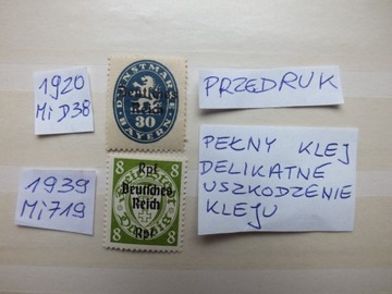 2szt.znaczki przedruk Niemcy 1920/39 czyste Rzesza