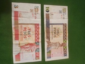 13 Pesos Kuba dwa banknoty obiegowe