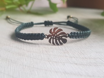 Ciemnozielona bransoletka monstera handmade makram