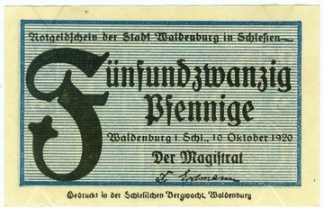 WAŁBRZYCH 25 FENIGÓW 10.10.1920 F inicjał - nieb