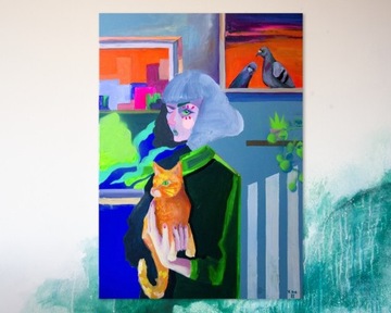 Duży obraz 100x70 cm Dziewczyna z kotem