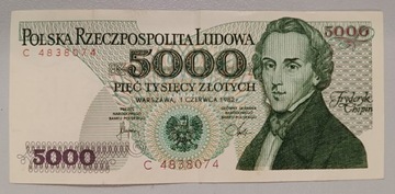 Banknot PRL  5000 zł. Chopin 1982 r. seria jednoliterowa C