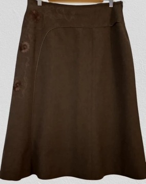 Brązowa wełniana spódnica midi z haftem r. 48