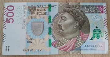 Banknot 500 zł seria AA3503622