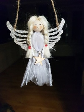 Ozdoba choinkowa,  mini aniołek z organzy białej 