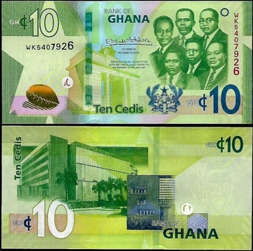 * GHANA 10 cedi 2019 P-47 stan UNC Piękne kolory !