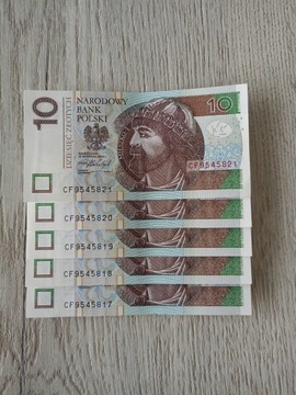 Banknoty 10 zł - 5 numerów seryjnych pod rząd