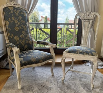 Zestaw w stylu ludwikowskim: fotel i krzesło