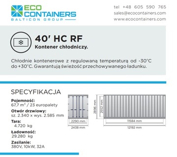 Kontener Chłodnia na wynajem 40'HCRF od 49ZŁ