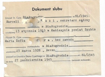 Dokument ślubu w USC a Białogrodzie - 1945r