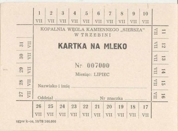 Kartka na mleko Kopalnia Siersza Trzebinia 1978 r