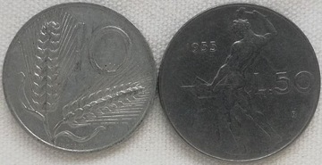 Włochy 10 i 50 lire 1955, KM#93 i KM#95.1