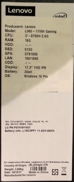 Lenovo L340 17IRH Gaming GTX1050 