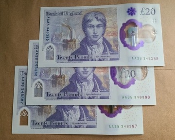 Banknot Anglia 3x 20 funtow,szereg Polimer AA Nowe