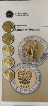 5 x 5 zł + 1 folder 2022 rok,- Zamek w Mosznej.