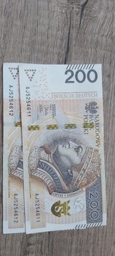 Banknot 200 zł seria AJ 2x kolejne numery