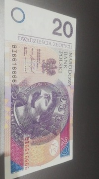 Banknot 20 złotych 6616666  6 Szóstek