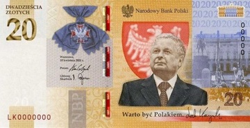 Banknot 20 zł Lech Kaczyński. Warto być Polakiem.
