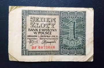 Stary banknot Polska 1 zł 1941 rok Gubernia 