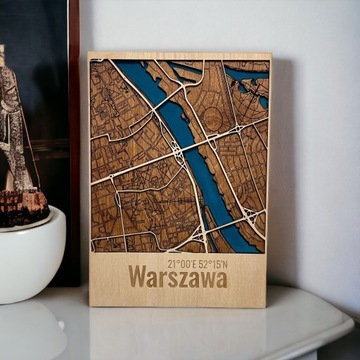 Drewniana MAPA - OBRAZ Warszawy 20x30cm EFEKT 3D