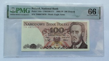 100 Złotych Polska 1988 r. PMG, EPQ 66 Seria TM