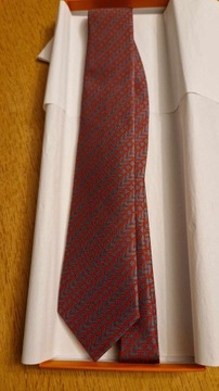 Krawat - Hermes Paris czerwony wzór na szarym tle