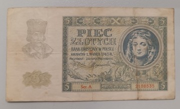 Banknot 5 złotych 1940 seria jednoliterowa A rzadki