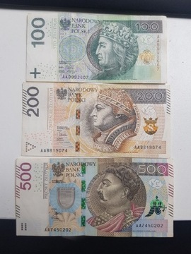 Banknoty 500zł, 200zł, 100zł nowe o numerach AA