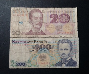 Stare banknoty Polska 20 zł 200 zł PRL