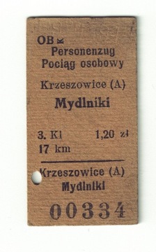 BILET KOLEJ KRZESZOWICE - MYDLNIKI 1940