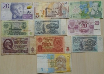 Zestaw banknotów 10 szt Europa Azja Papier Ploimer