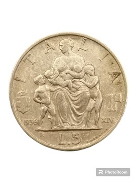 Włochy 5 lir 1936 srebro piękny stan