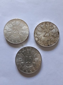 Zestaw trzech monet 25 schilling 13g srebro Ag 800