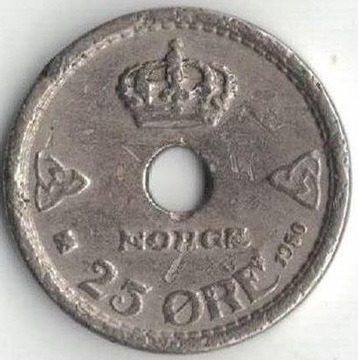 Norwegia 25 ore 1950 17 mm uszkodzona 
