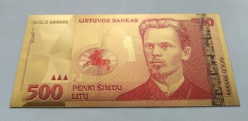 Banknot pozłacany 24k  500 litu LITWA 2000 rok