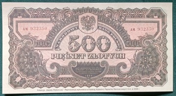 500 złotych 1944 PWPW 2006r reprodukcja unc