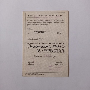 Stary bilet kolejowy roczny imienny PKP 1993 rok
