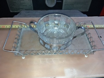Cukiernica szklana w metalowym koszyku  PRL 