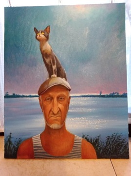 Obraz olejny Stary człowiek i kot jezioro pejzaż 