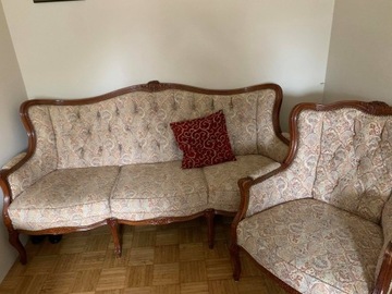 Elegancki wypoczynek sofa + fotel, drewno, barok
