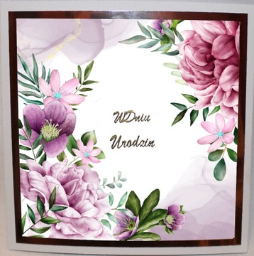 Kartka na urodziny kwiaty fioletowe rosegold