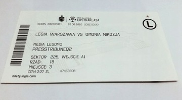 bilet LEGIA Warszawa - OMONIA Nikozja 26.08.2020