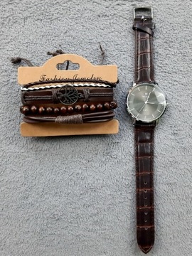 Zegarek męski komplet biżuterii bransoletka motyw leśny