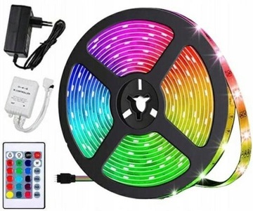 TAŚMA LED SMD WODOODPORNA 5M RGB KOLOROWA + PILOT