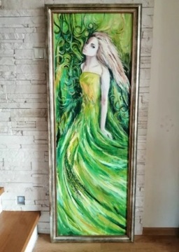 Obraz olejny kobiety w zielonej sukni 60 x 160 cm