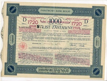 1720 ZŁOTYCH W ZŁOCIE  5 1/2% LIST ZASTAWNY - PAŃS